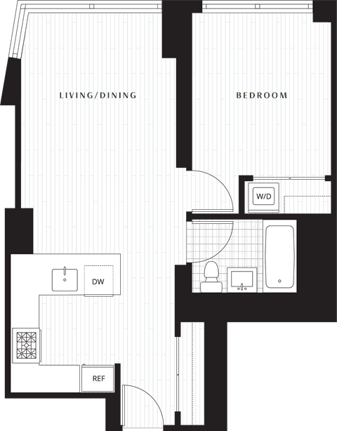 Floor plan for 1 bed, 1 bath, 608 sqft